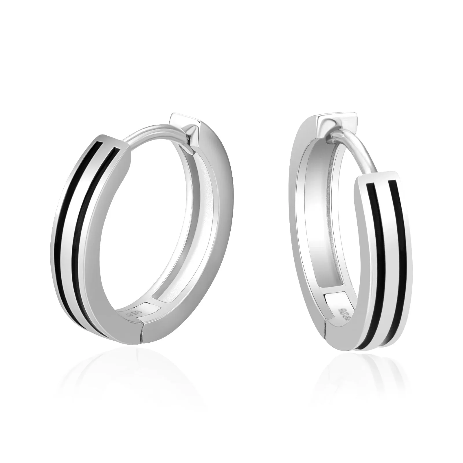 15mm Sleek Black Stripe Hoop Earrings for Men