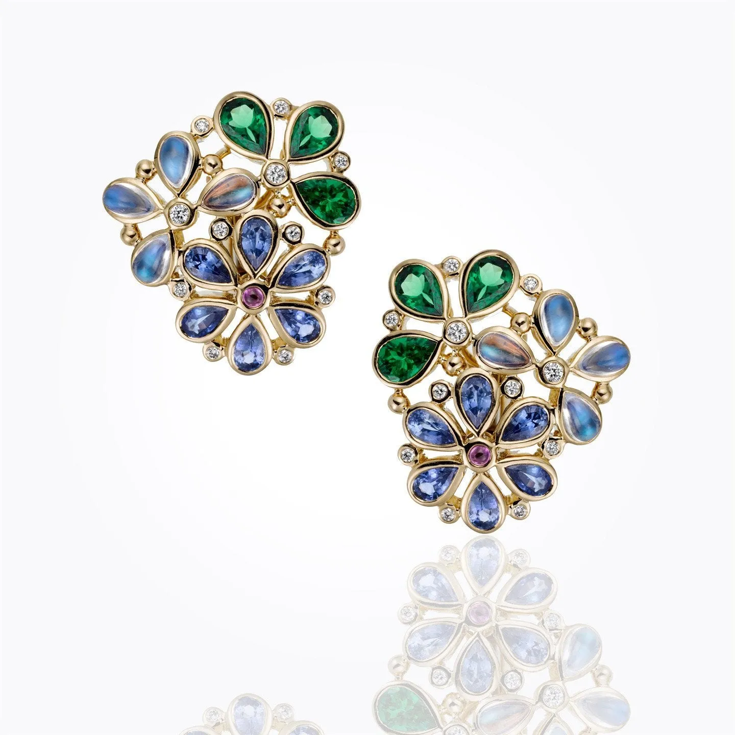 18K Flower Cluster Earrings with blue sapphire, tsavorite and diamond