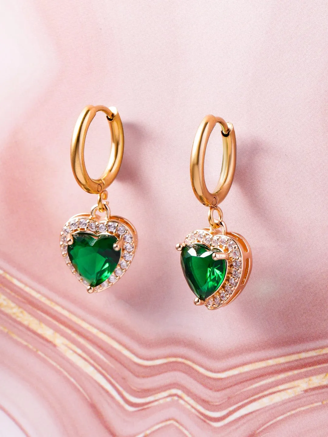 18K Gold Plated Stainless Steel Tarnish-Free Waterproof Emerald CZ Studded Drop Earrings