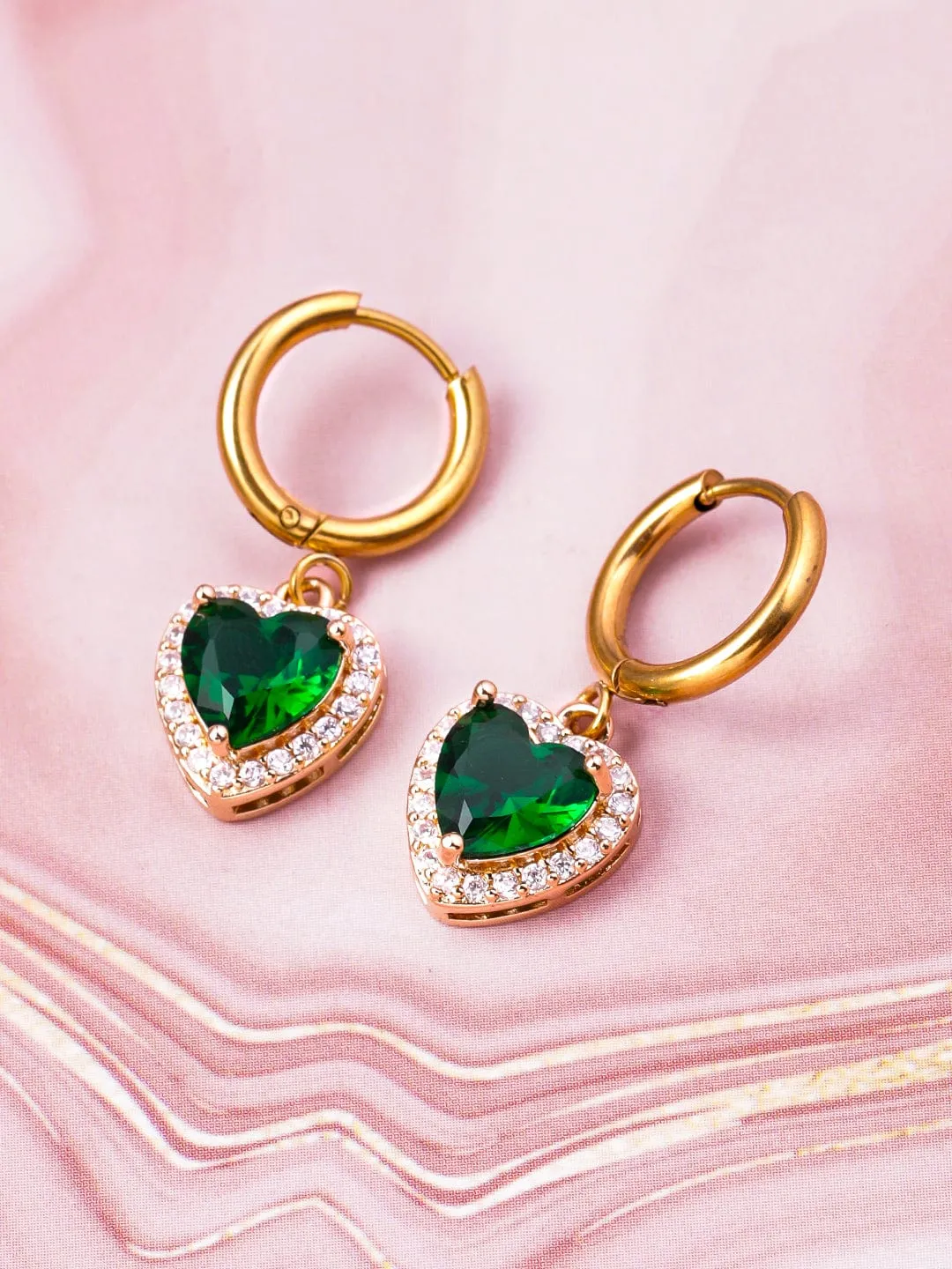 18K Gold Plated Stainless Steel Tarnish-Free Waterproof Emerald CZ Studded Drop Earrings