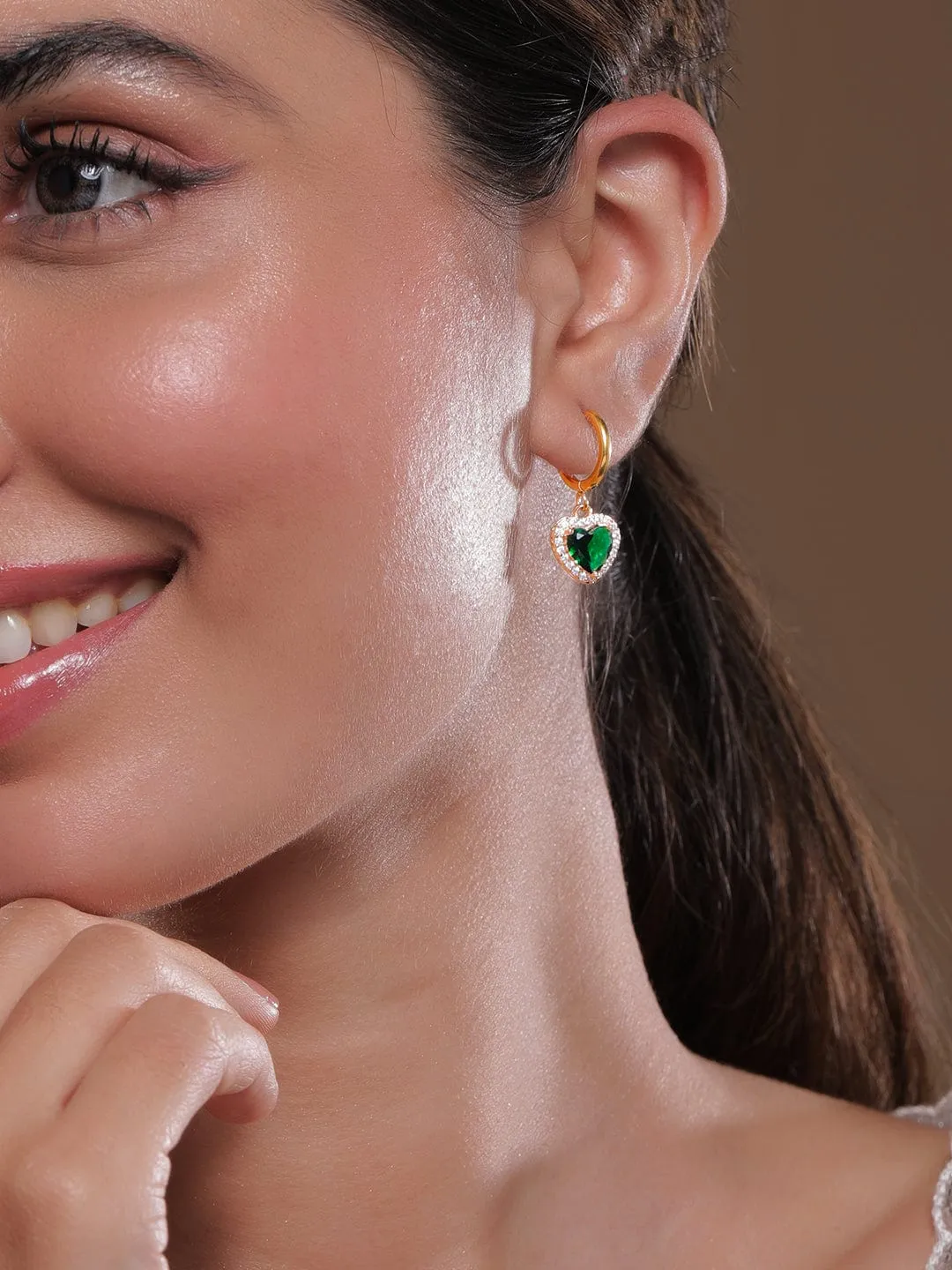 18K Gold Plated Stainless Steel Tarnish-Free Waterproof Emerald CZ Studded Drop Earrings