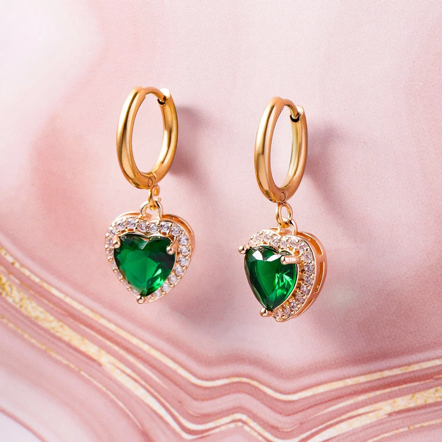 18K Gold Plated Stainless Steel Tarnish-Free Waterproof Emerald CZ Studded Drop Earrings