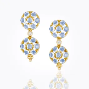 18K Small Double Drop Disc Earrings with royal blue moonstone and diamond