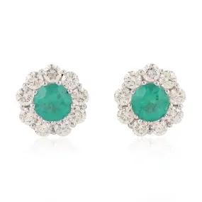 18K Solid White Gold Round Emerald Prong Diamond Flower Stud Jewelry For Her