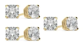 18k Yellow Gold 4Ct Cushion Cut White Sapphire Set Of Three Stud Earrings Plated