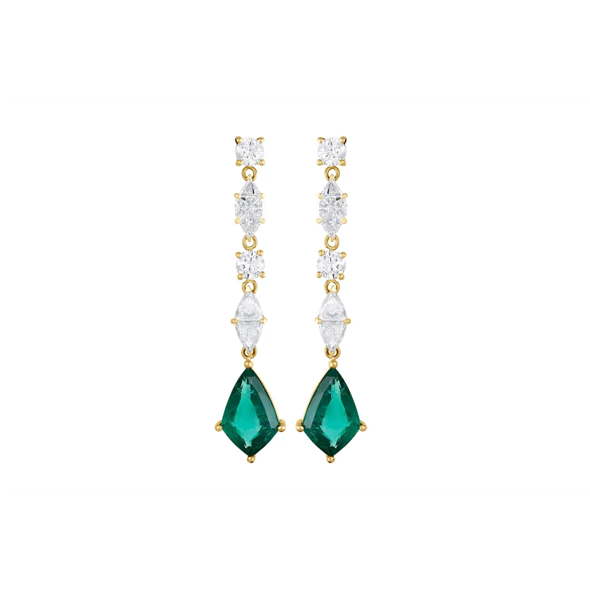 18K Yellow Gold Illusion Set Diamond and Emerald Dangle Earrings