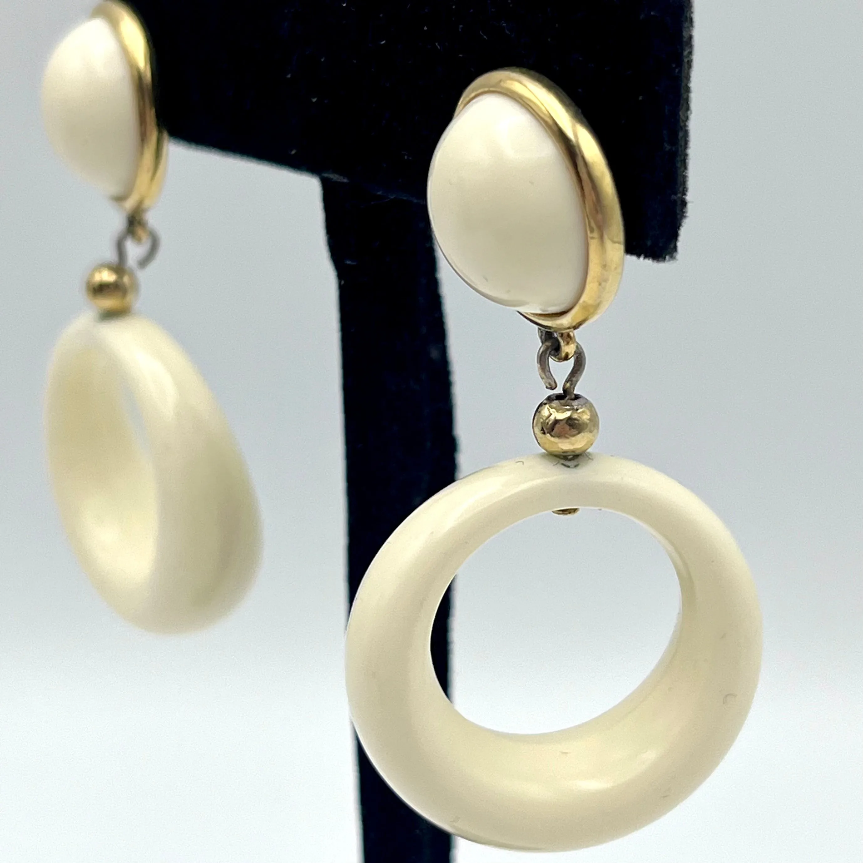 1970s Trifari White Drop Hoop Post Earrings