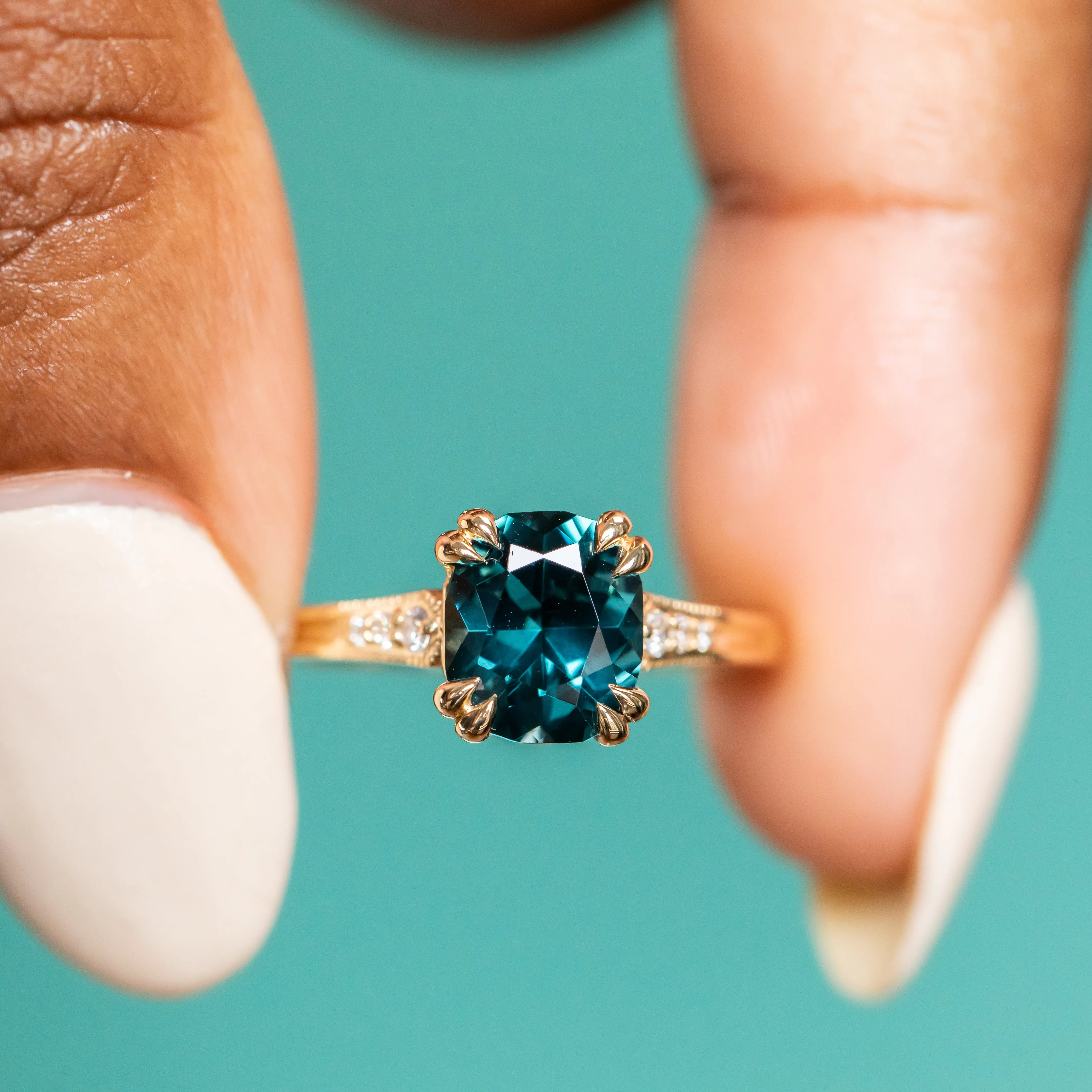 2.13ct Fancy Cushion Teal Blue Spinel Vintage Cathedral ring in 18k Yellow Gold