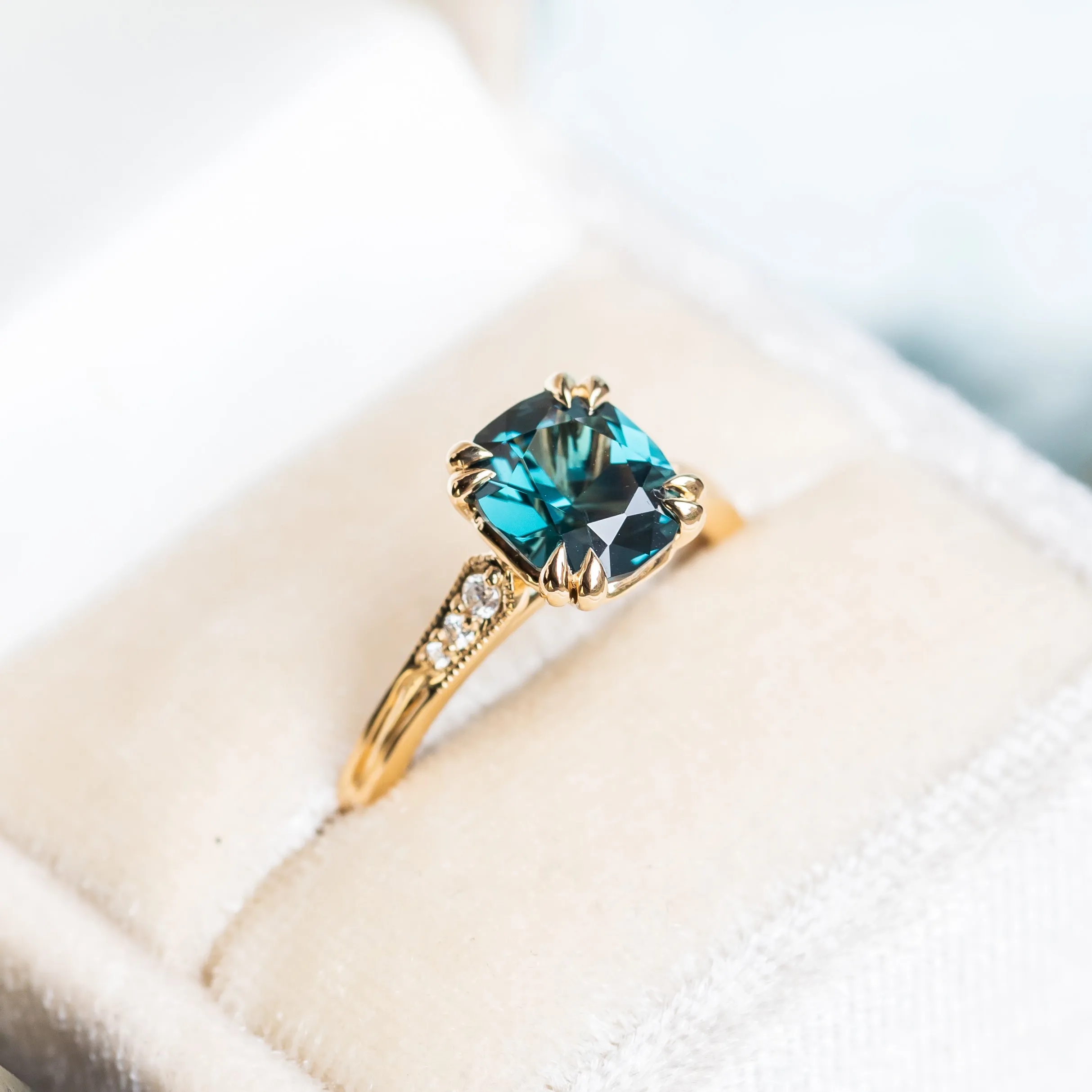 2.13ct Fancy Cushion Teal Blue Spinel Vintage Cathedral ring in 18k Yellow Gold