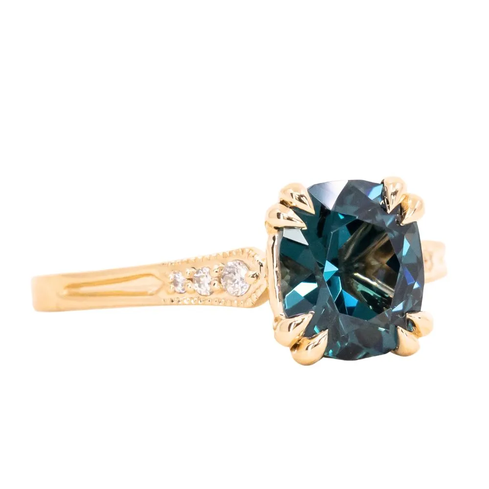 2.13ct Fancy Cushion Teal Blue Spinel Vintage Cathedral ring in 18k Yellow Gold