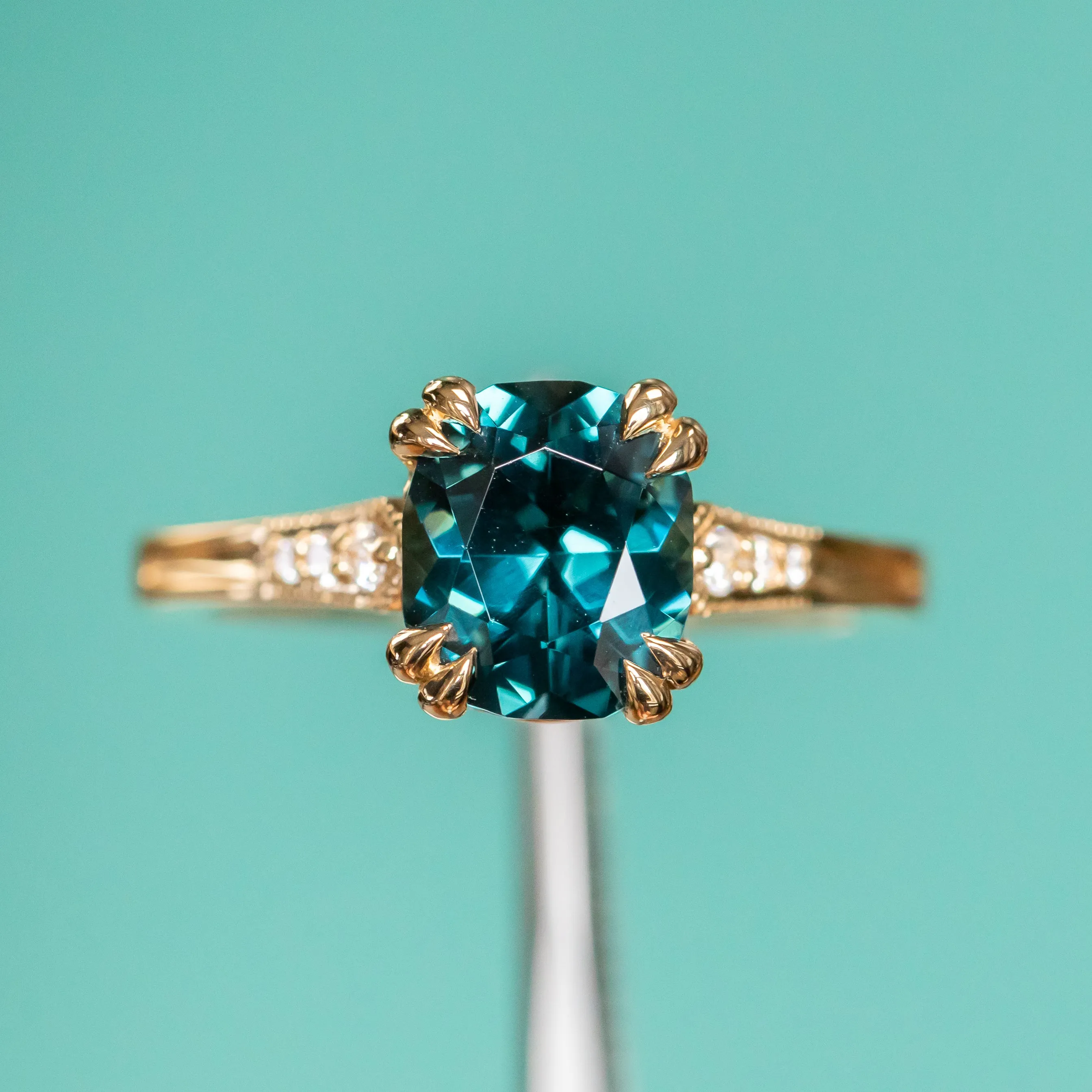 2.13ct Fancy Cushion Teal Blue Spinel Vintage Cathedral ring in 18k Yellow Gold