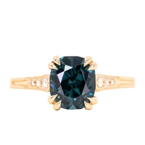 2.13ct Fancy Cushion Teal Blue Spinel Vintage Cathedral ring in 18k Yellow Gold