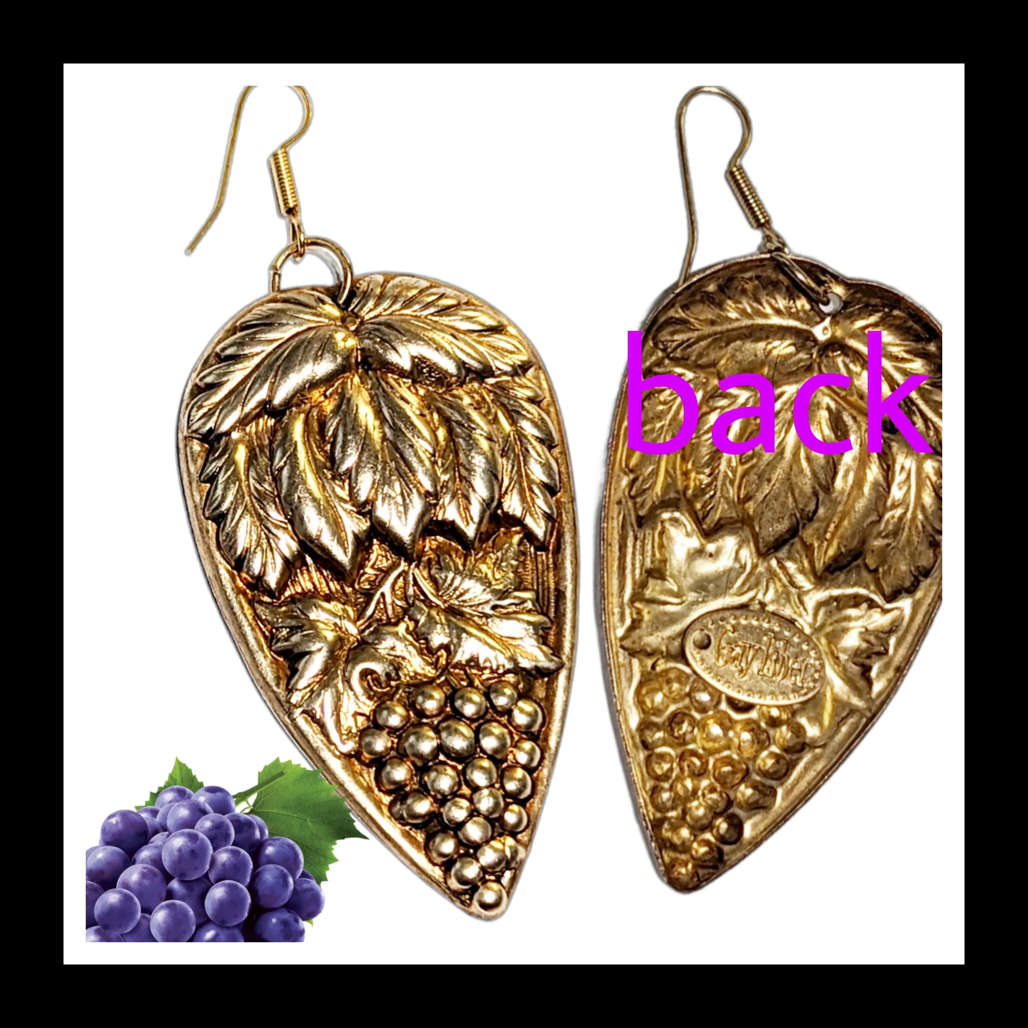 24k Gold-plate Grape US-Made Vintage Detailed Grape Brass 3-inch Pressings Adult Wine Earrings Handmade Sugar Gay Isber