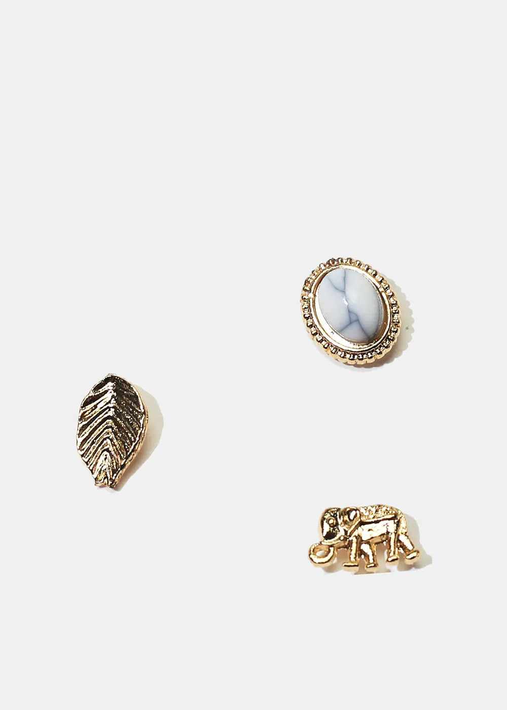 3-Pair Elephant & Leaf Stud Earrings