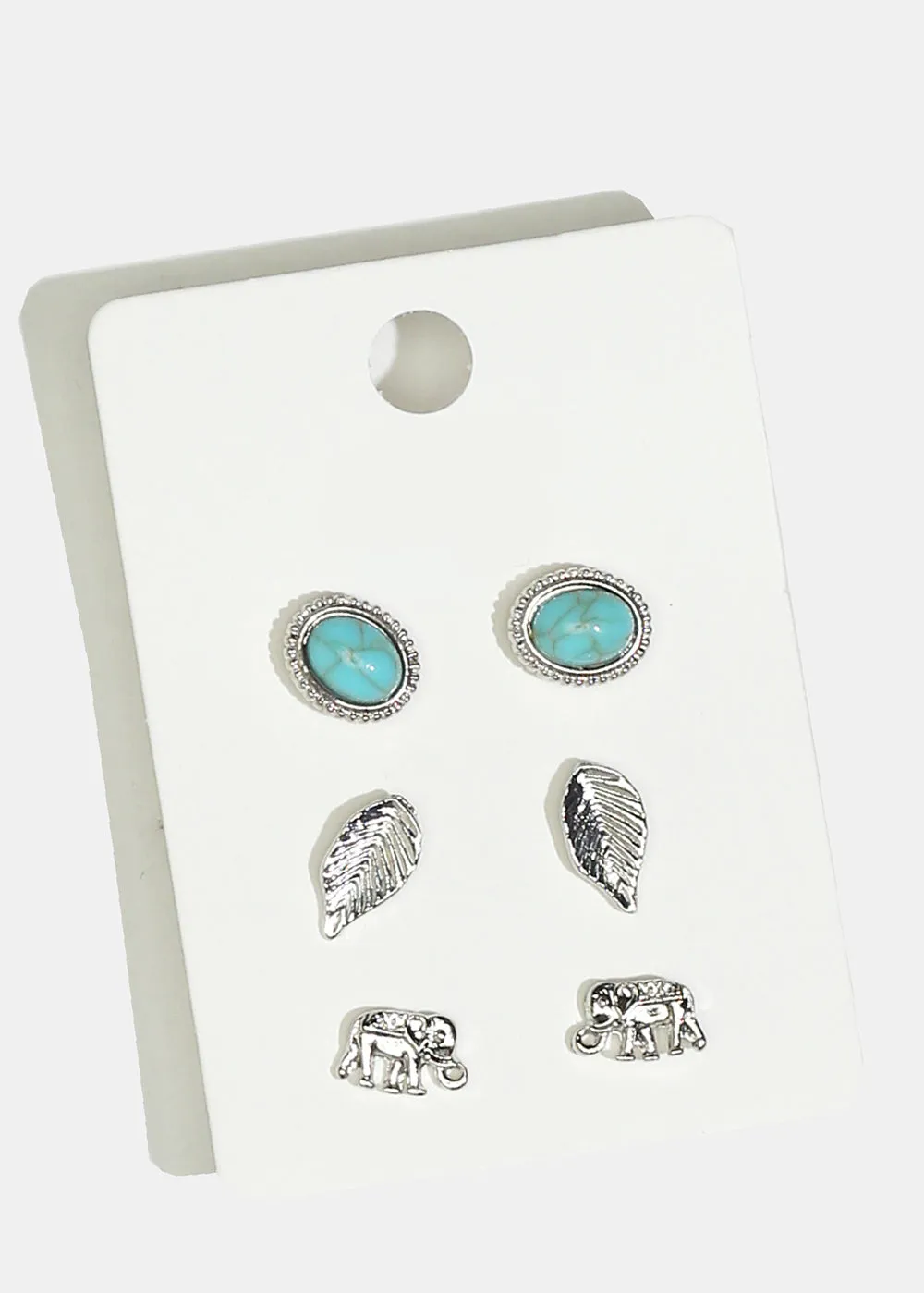 3-Pair Elephant & Leaf Stud Earrings