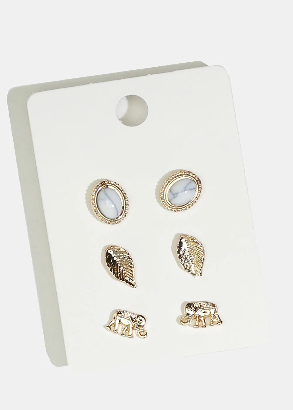 3-Pair Elephant & Leaf Stud Earrings