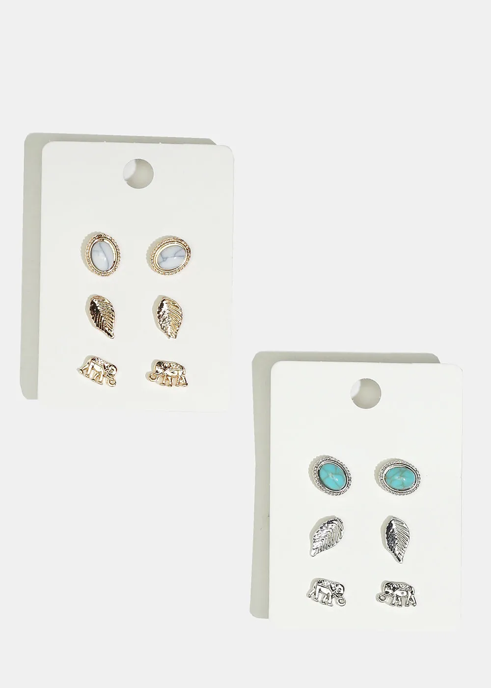 3-Pair Elephant & Leaf Stud Earrings