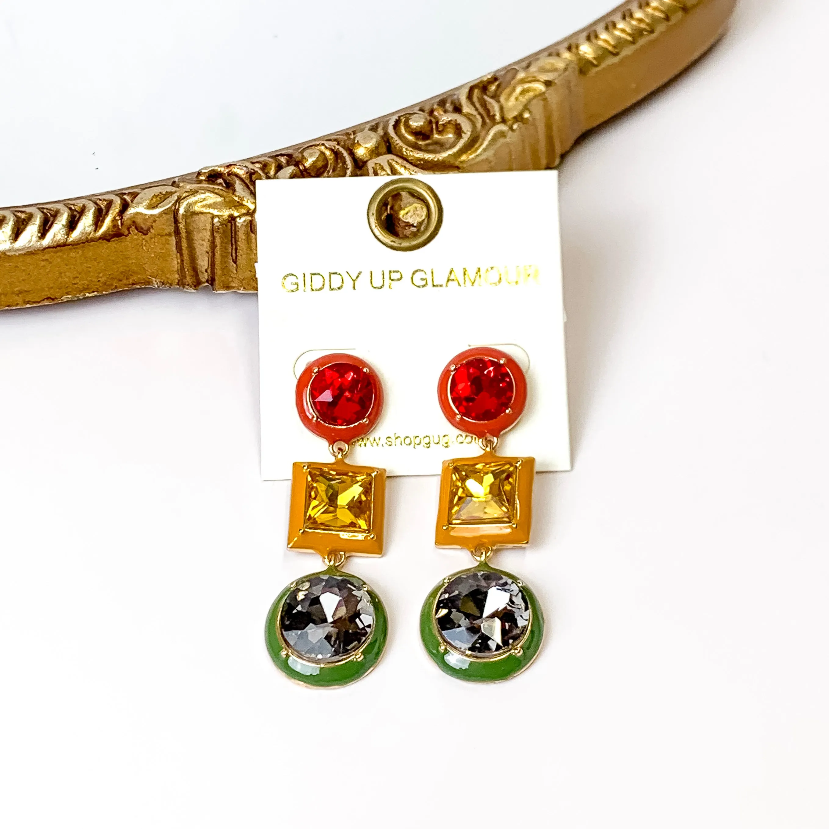 3 Tier Multicolor Enamel Drop Earrings in Red/Yellow/Green