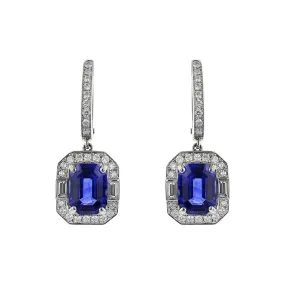 3.40ct Emerald Cut Sapphires and 0.40ct Diamond and 0.17ct Baguette Diamonds Halo Drop Earrings in Platinum