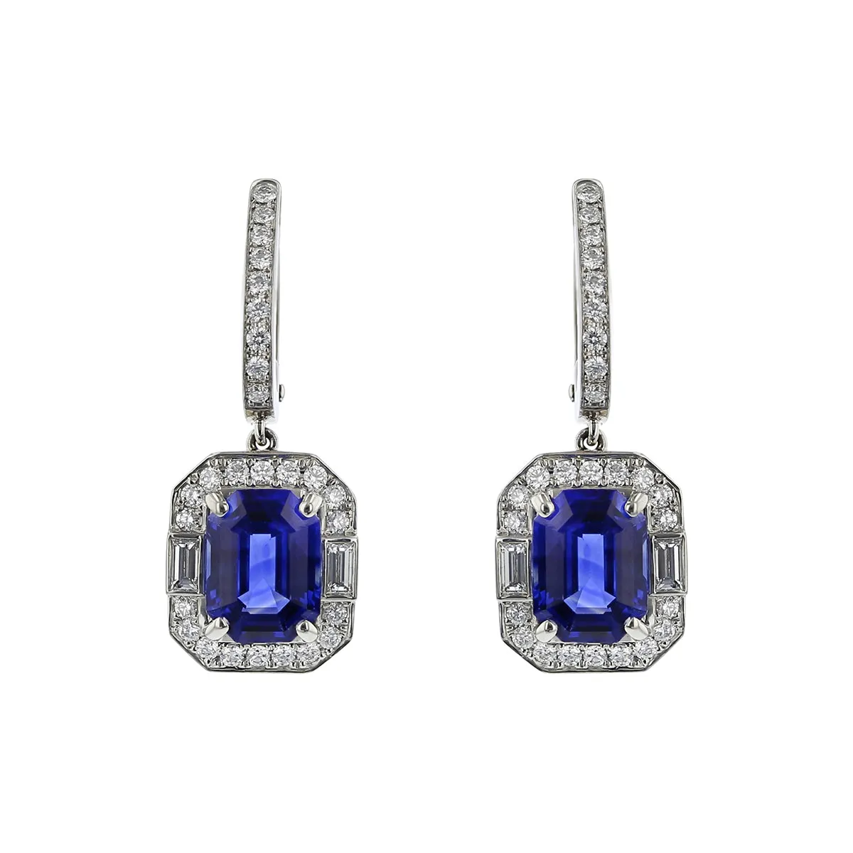 3.40ct Emerald Cut Sapphires and 0.40ct Diamond and 0.17ct Baguette Diamonds Halo Drop Earrings in Platinum