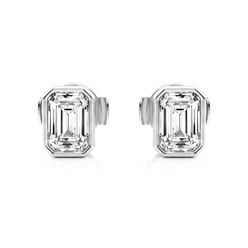 4 ctw Emerald Cut Moissanite Bezel Set Solitaire Stud Earrings