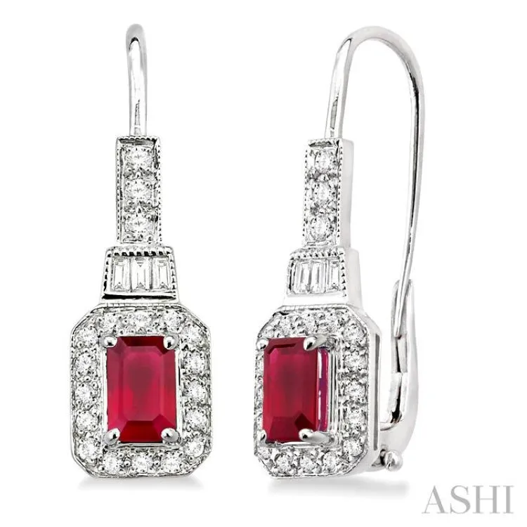 6x4 MM Emerald Shape Ruby and 1/2 Ctw Baguette and Round Cut Diamond Earrings in 14K White Gold