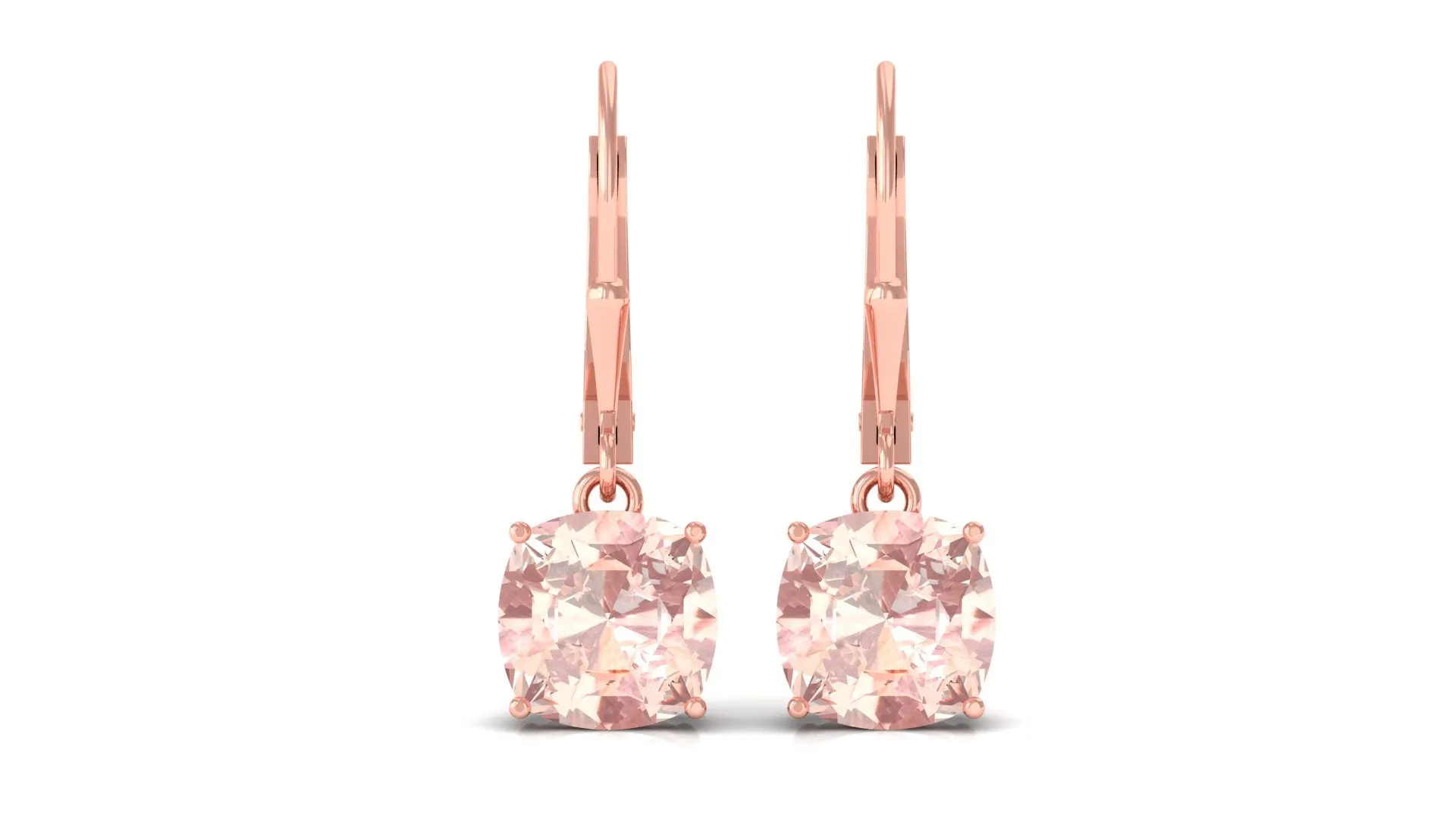 8 MM Cushion Cut Morganite Solitaire Drop Earrings with Lever Back