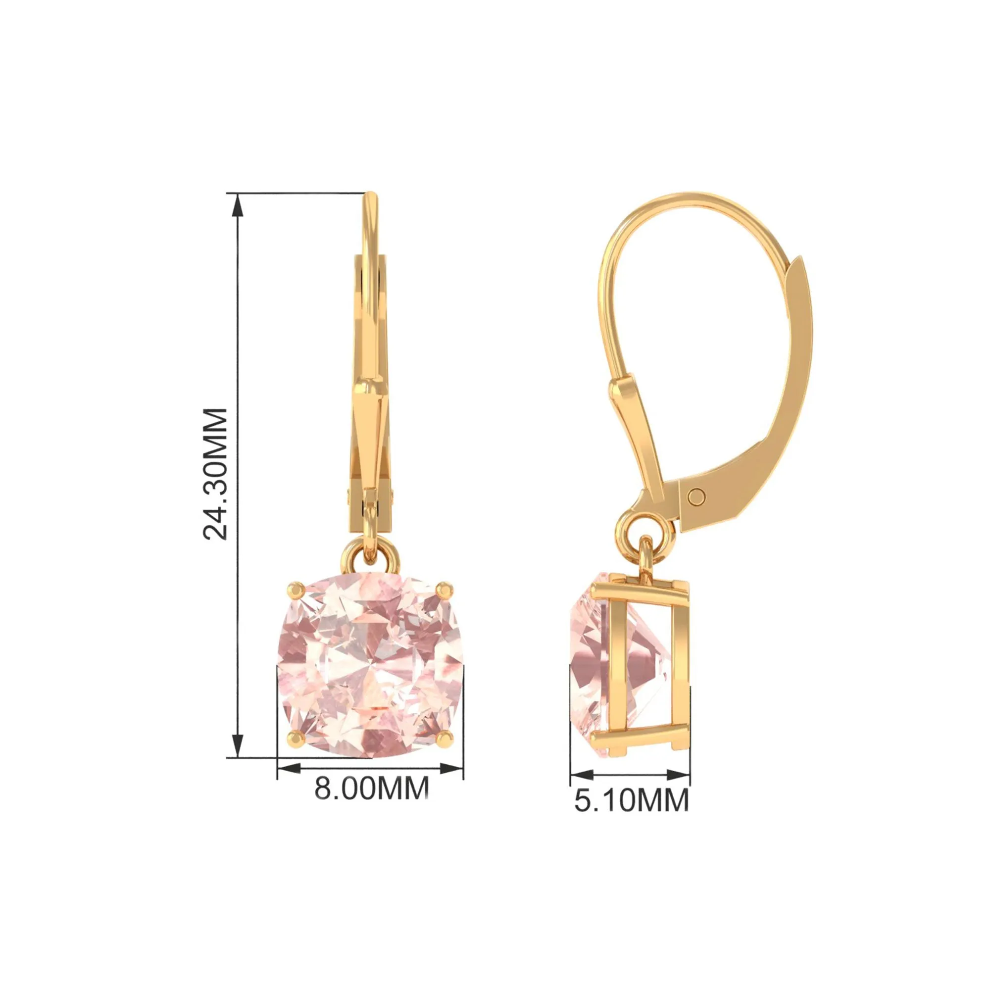 8 MM Cushion Cut Morganite Solitaire Drop Earrings with Lever Back