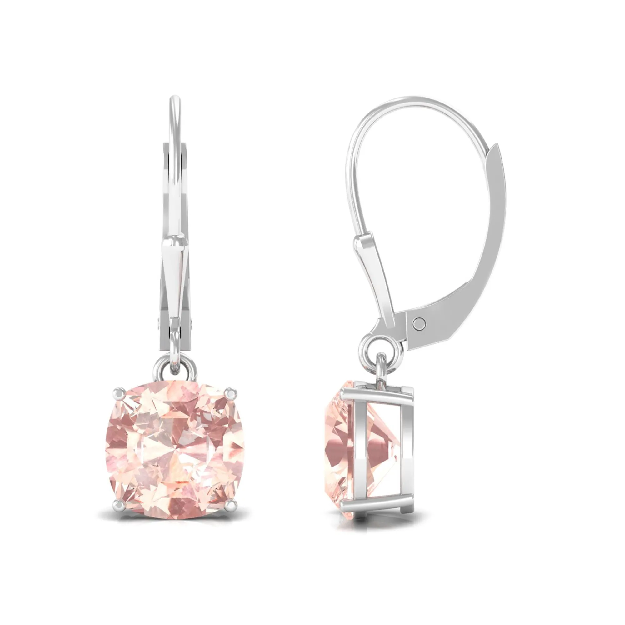 8 MM Cushion Cut Morganite Solitaire Drop Earrings with Lever Back