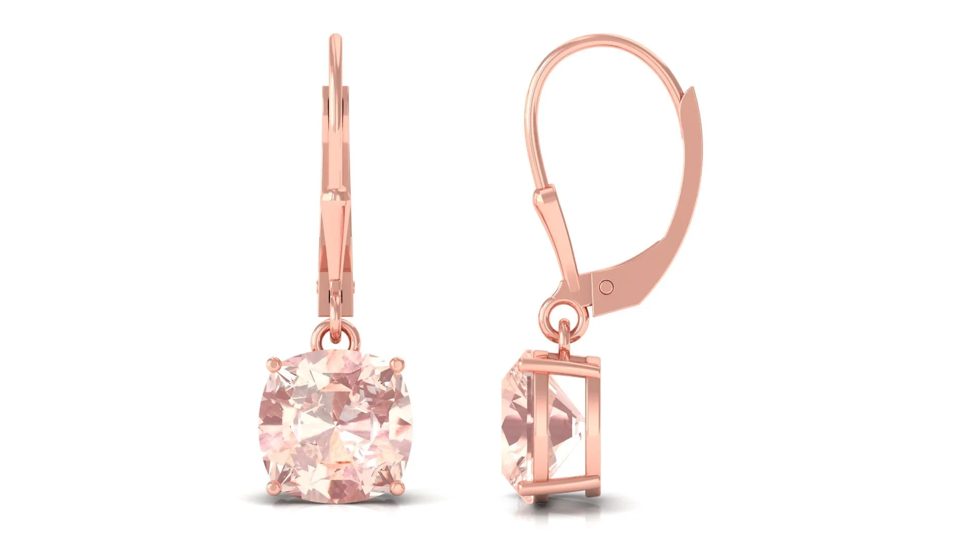 8 MM Cushion Cut Morganite Solitaire Drop Earrings with Lever Back