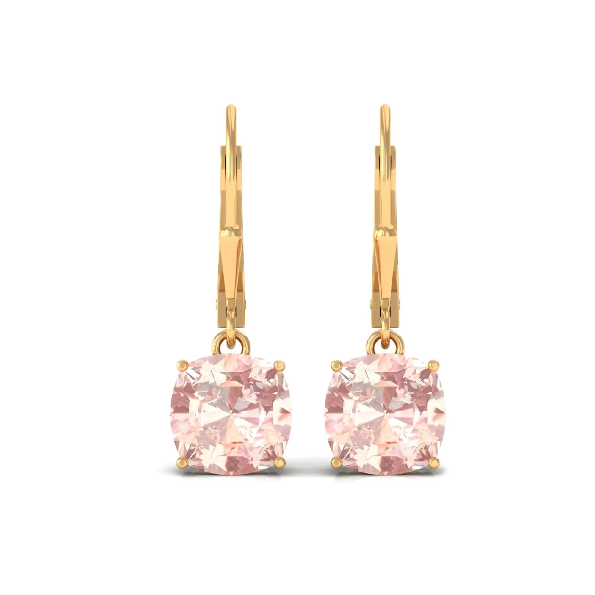 8 MM Cushion Cut Morganite Solitaire Drop Earrings with Lever Back