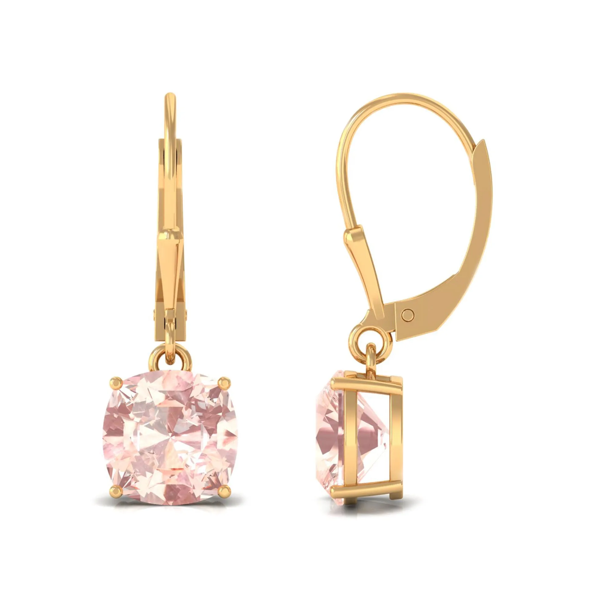 8 MM Cushion Cut Morganite Solitaire Drop Earrings with Lever Back