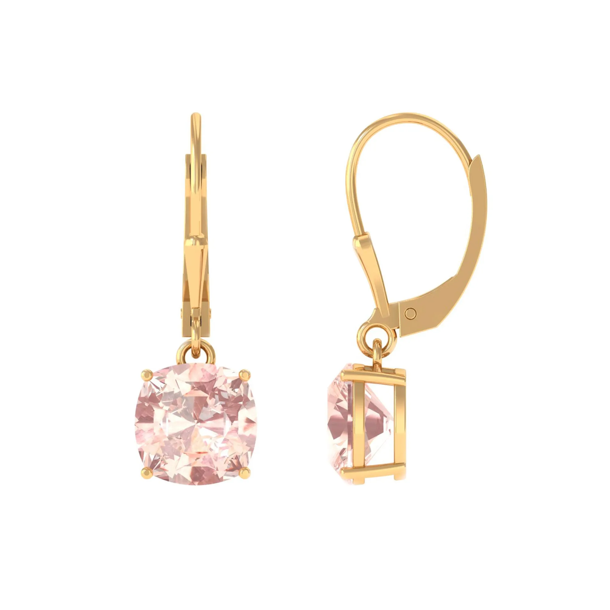 8 MM Cushion Cut Morganite Solitaire Drop Earrings with Lever Back