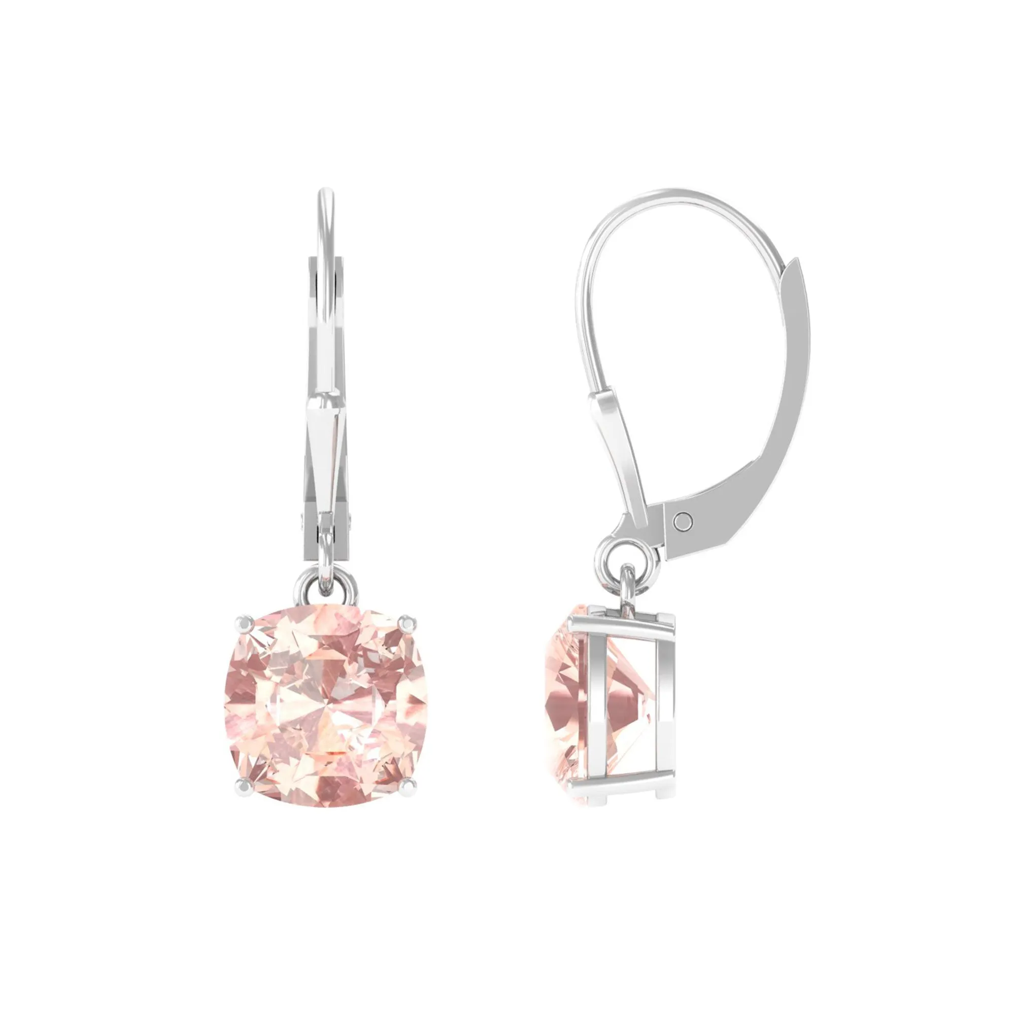 8 MM Cushion Cut Morganite Solitaire Drop Earrings with Lever Back