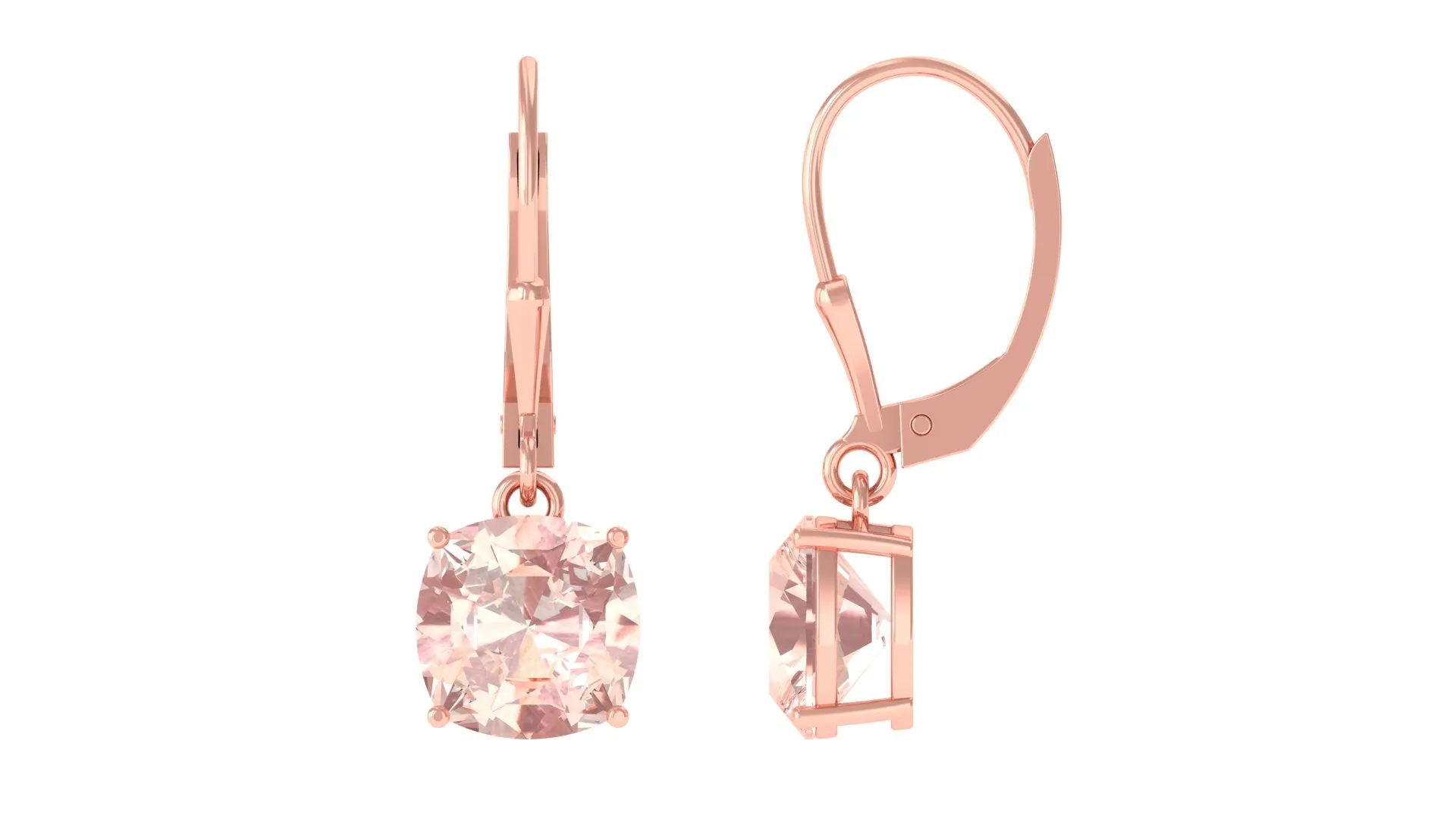 8 MM Cushion Cut Morganite Solitaire Drop Earrings with Lever Back