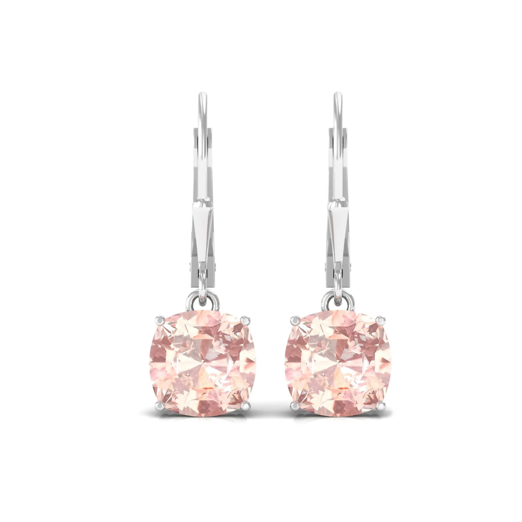 8 MM Cushion Cut Morganite Solitaire Drop Earrings with Lever Back