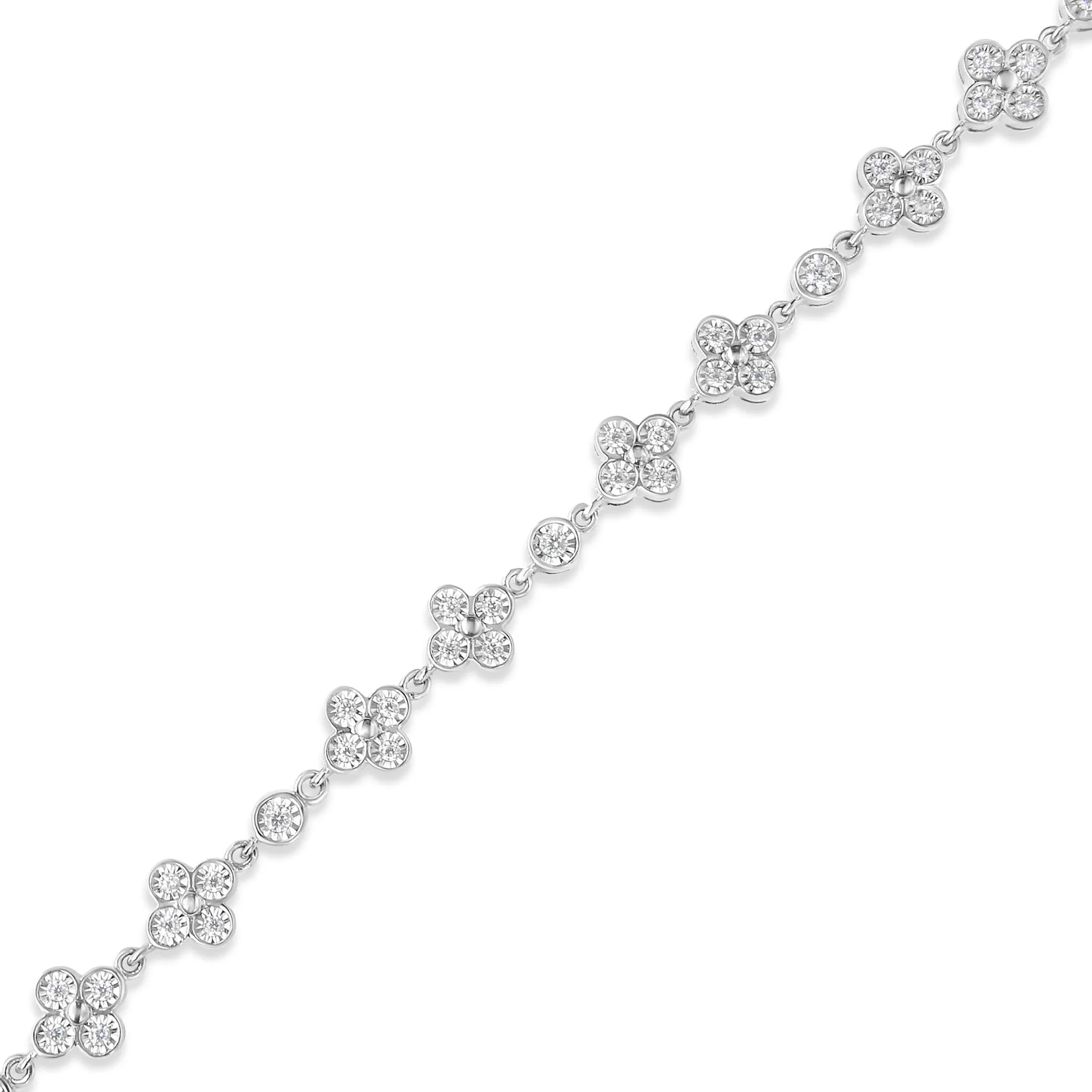 .925 Sterling Silver 1.0 Cttw Miracle-Set Diamond 4 Leaf and Solitaire Station Link Bracelet (I-J Color, I3 Clarity) - 7.25"