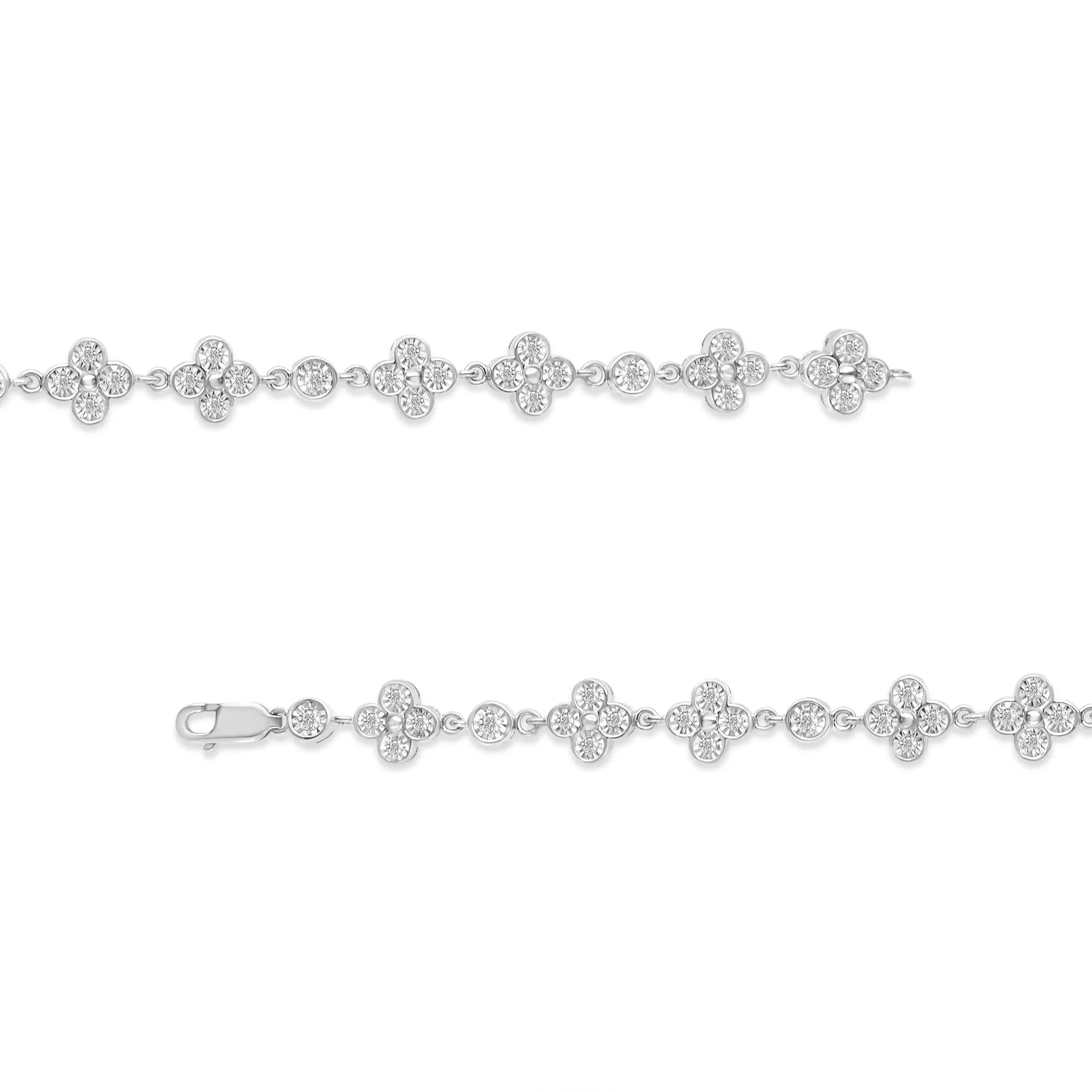 .925 Sterling Silver 1.0 Cttw Miracle-Set Diamond 4 Leaf and Solitaire Station Link Bracelet (I-J Color, I3 Clarity) - 7.25"