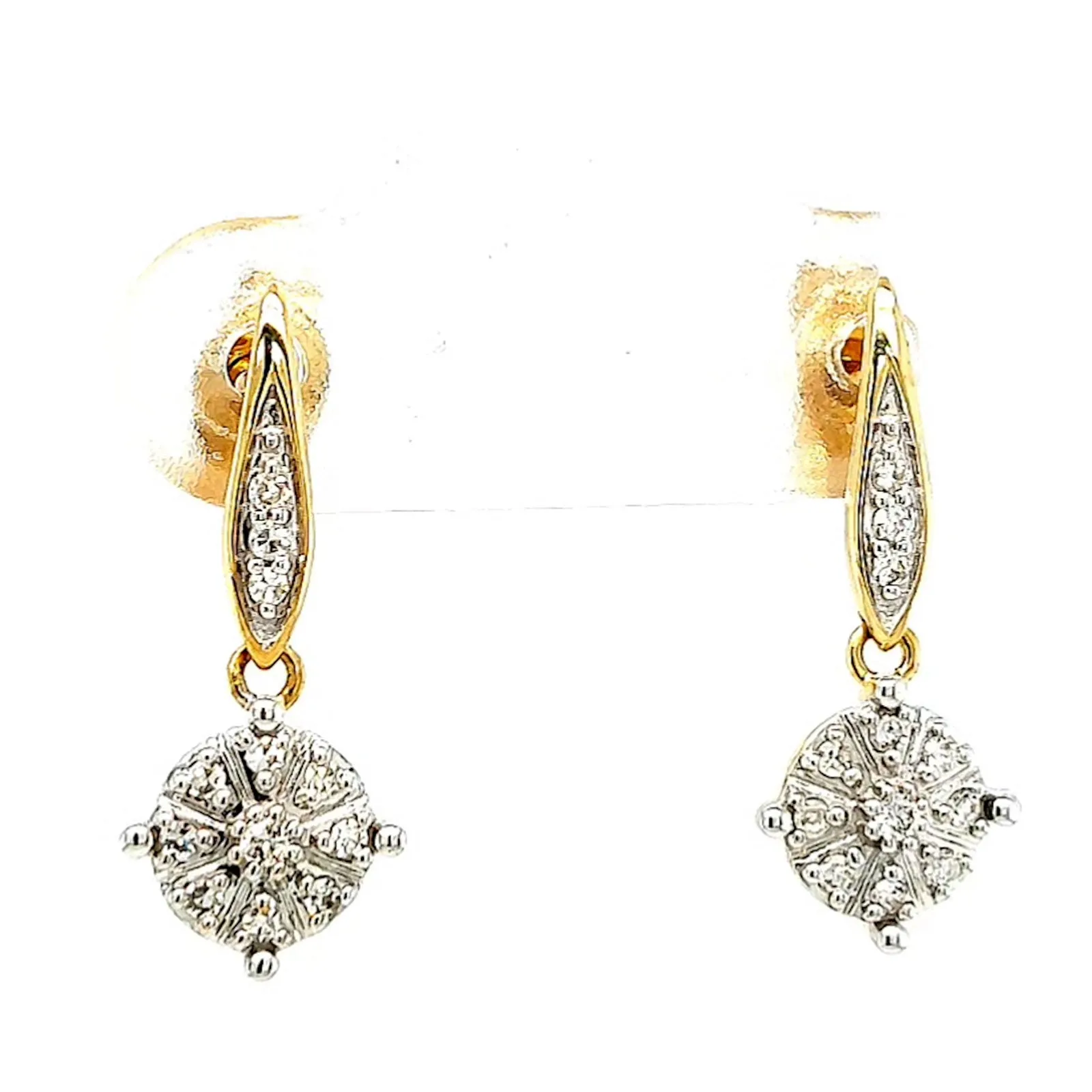 9ct Two Tone Gold Round Brilliant Cut 0.13 Carat tw of Diamonds Drop Earrings