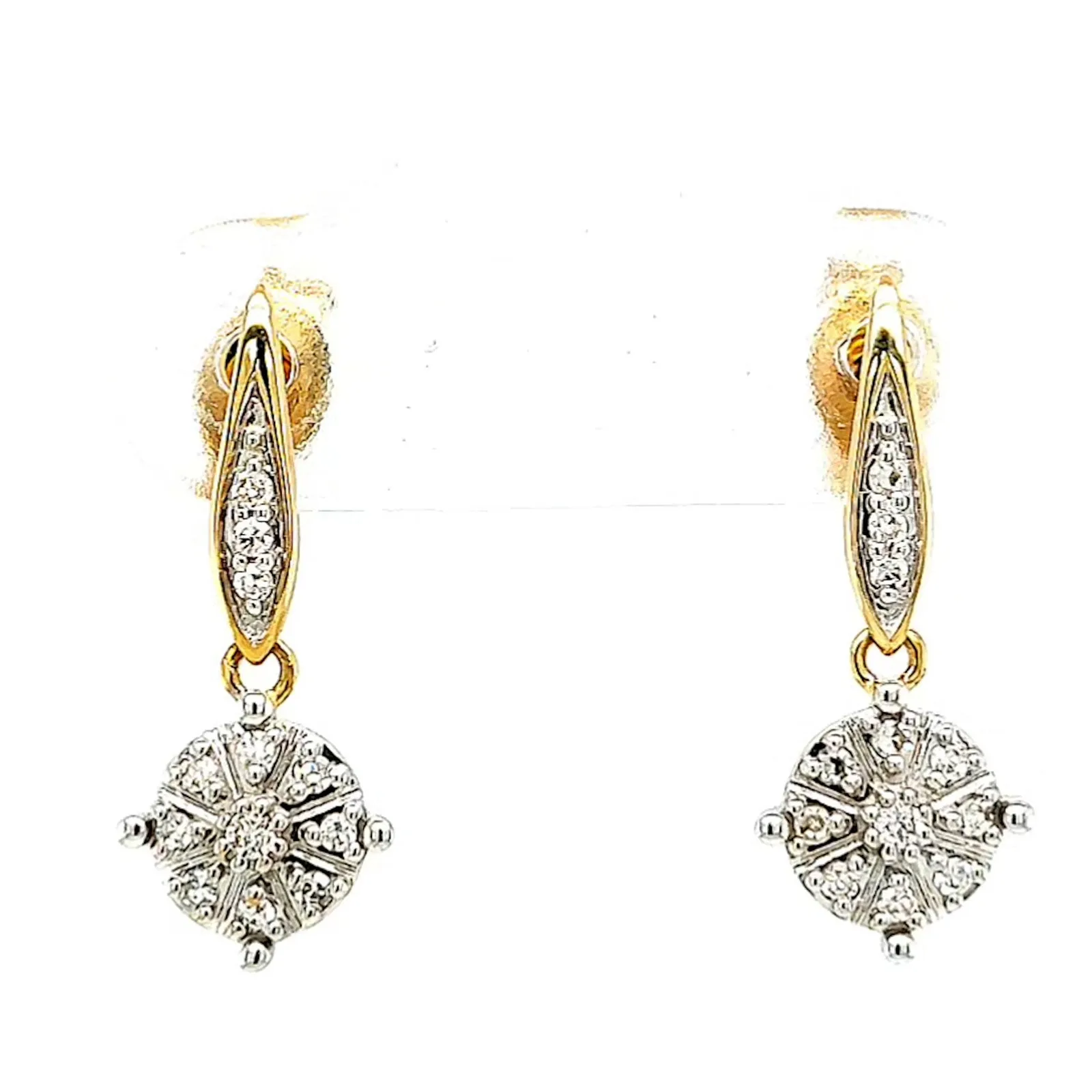 9ct Two Tone Gold Round Brilliant Cut 0.13 Carat tw of Diamonds Drop Earrings