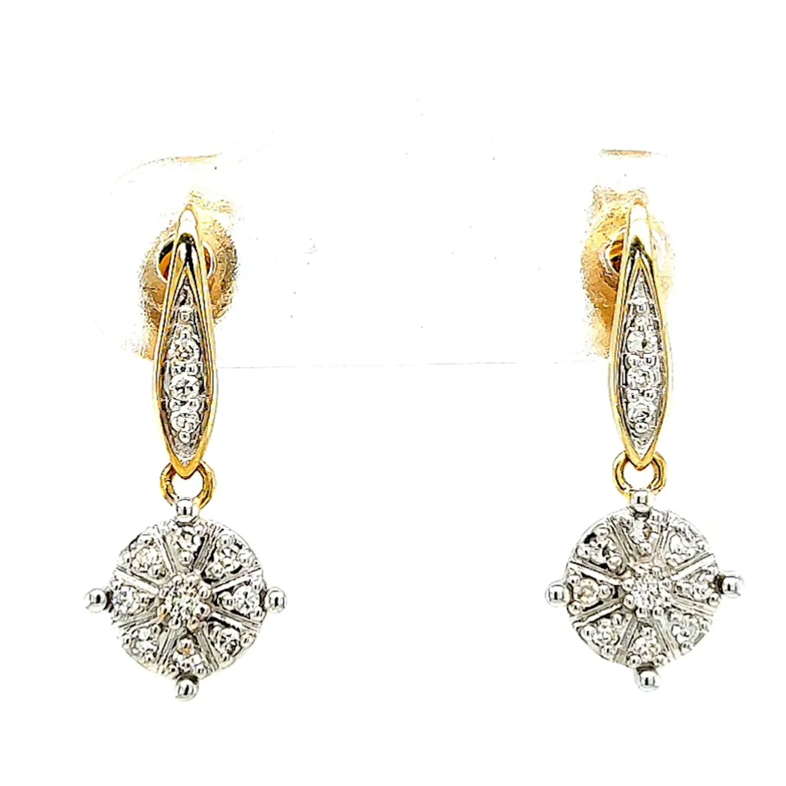 9ct Two Tone Gold Round Brilliant Cut 0.13 Carat tw of Diamonds Drop Earrings