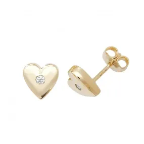 9K Gold Heart Stud Earrings with Single Zirconia Stone ER096