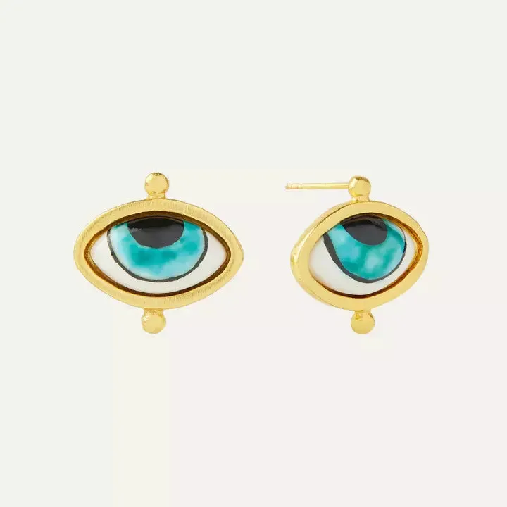 Adira Turquoise Porcelain Evil Eye Stud Earrings - Ottoman Hands