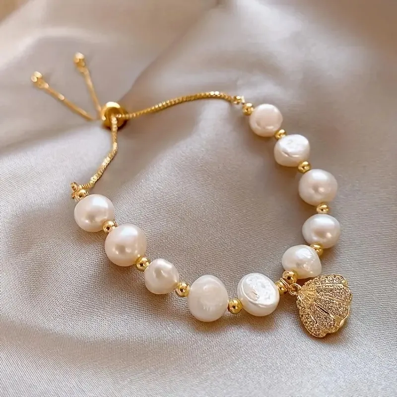 Adjustable Golden Shell Charm Pearl Bracelet 7 - 8mm