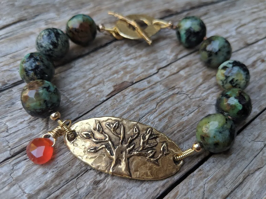 African Turquoise & Carnelian Tree of Live Forest Green Bracelet