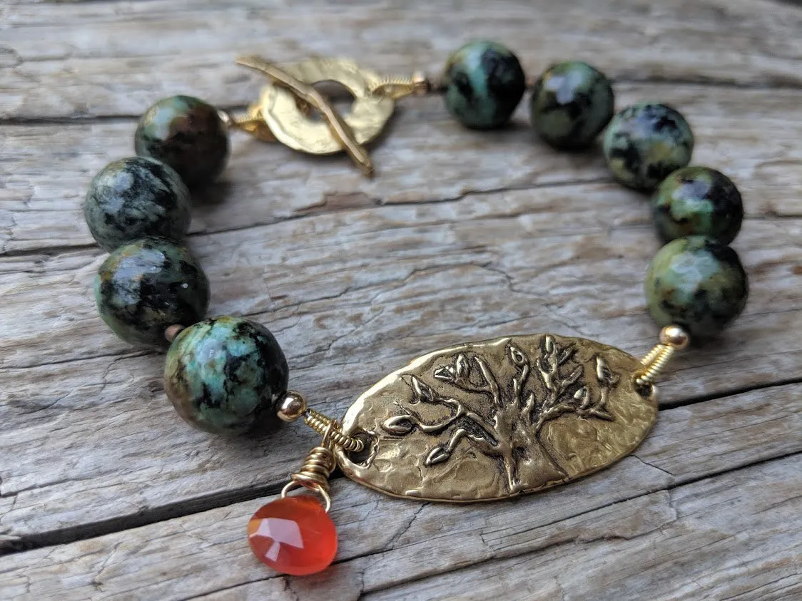 African Turquoise & Carnelian Tree of Live Forest Green Bracelet