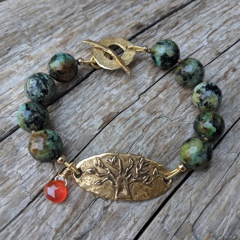 African Turquoise & Carnelian Tree of Live Forest Green Bracelet