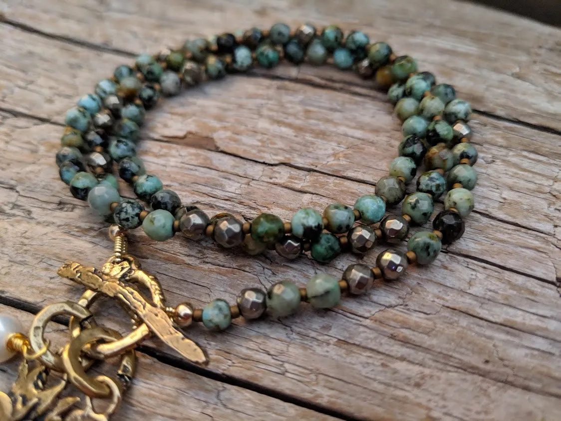 African Turquoise Dream Pendant Necklace-Bracelet 2in1