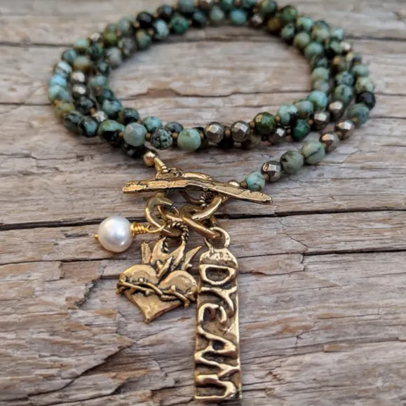 African Turquoise Dream Pendant Necklace-Bracelet 2in1