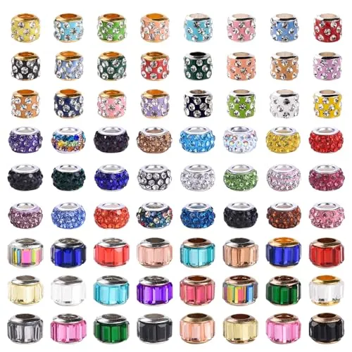 Aipridy 30 Pcs Lucky Beads Lover Pearls and Glass Rhinestones Amber Beads, Large Hole Spacer Beads European Craft Beads fit DIY Charms Bracelet Jewelry Making (Silver core 3 rows bicolor rhinestone)